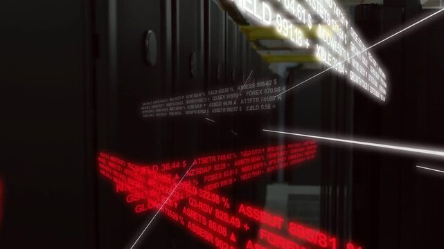 Camera panning forward holo tickers drifting through data center row showing live data with streaks