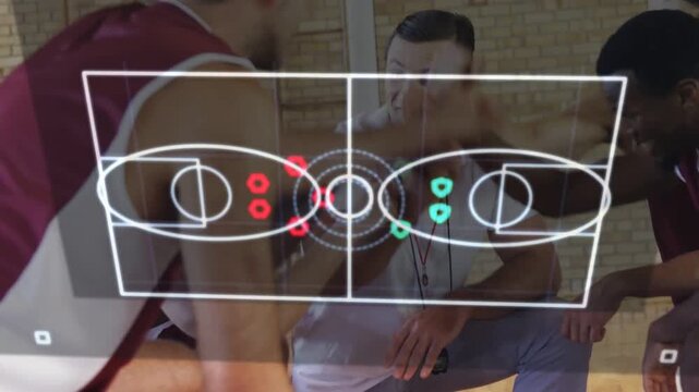 Coach pointing in basketball huddle overlay forming with moving red teal dots team agreeing plan