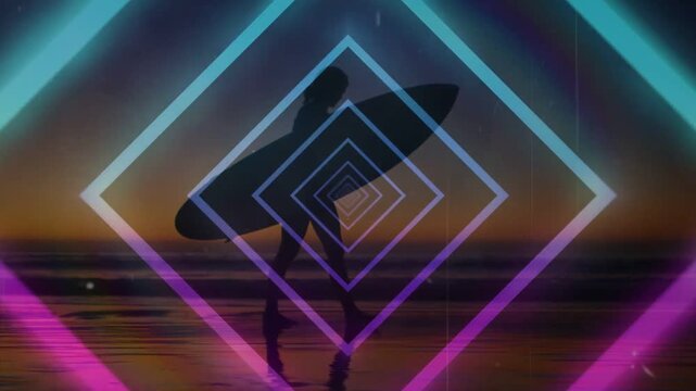 Sunset guiding surfer holding board heading to surf, neon diamonds pulsing around surfer for travel