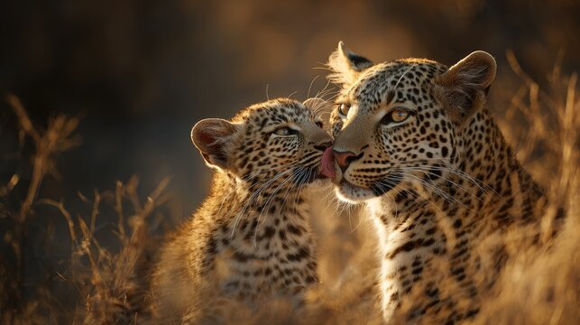 leopard cubs affectionately touching noses in savannah grass