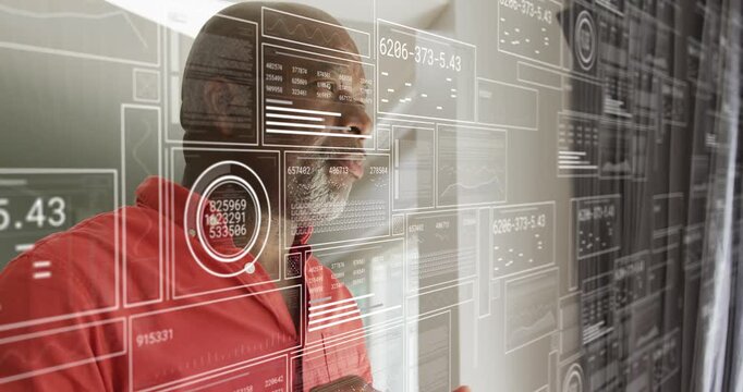 Vertical video: Senior man sipping ceramic mug by window, launching AR panels and studying charts