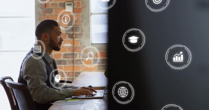 Seated man typing laptop in office, starting UI icons and partition moving, women passing documents