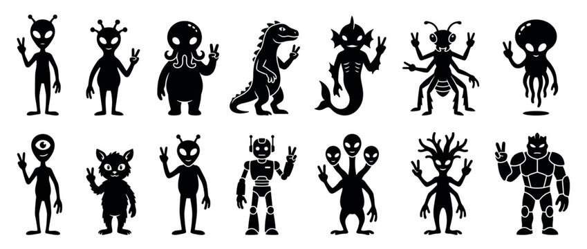 Collection of diverse alien creatures and monsters making a peace sign gesture, depicting various extraterrestrial and fantasy characters.