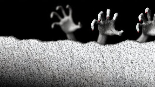 A haunting image of hands emerging from the ground in darkness