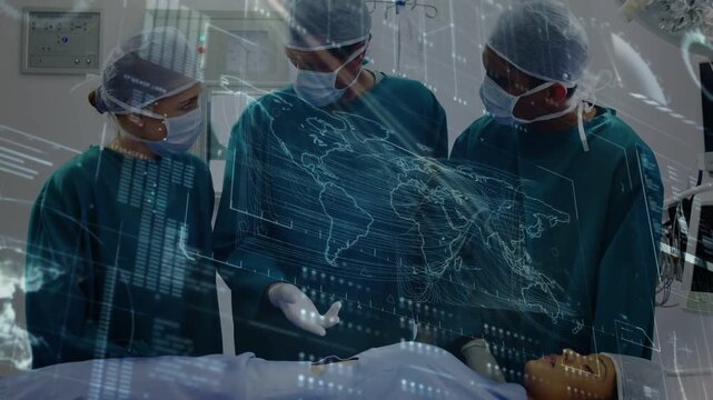 Lead surgeon pointing and selecting tool initiating surgery while world-map overlay guiding OR team