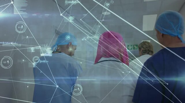 Medical team walking hall after HUD overlay, responding to patient, doctor with stethoscope leading