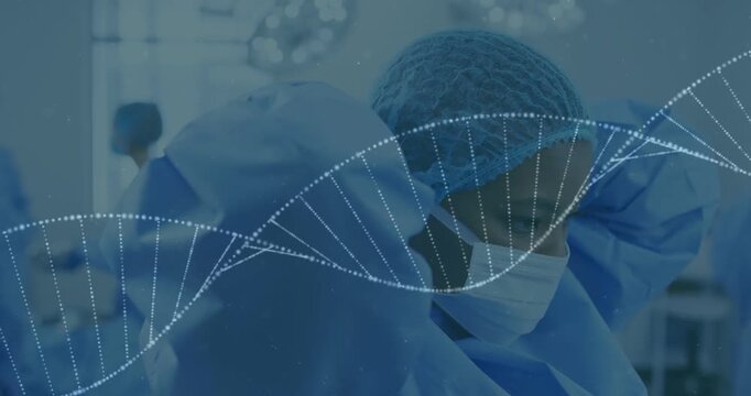 Female surgeon leaning and operating in OR, particles condensing into DNA helix passing surgeon