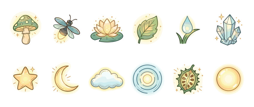 Cute nature magic celestial icons collection featuring whimsical mushroom, firefly, lotus, leaf, water, crystals, star, moon, cloud, ripple, seed, and sun elements.