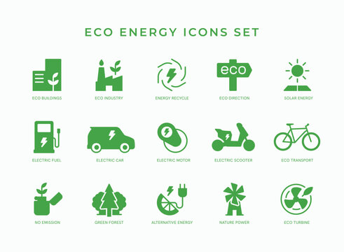 Eco energy icons set simple flat style. Eco sustainable transportation symbol logo sign. Collections of green energy, alternative power sources icons vector illustration