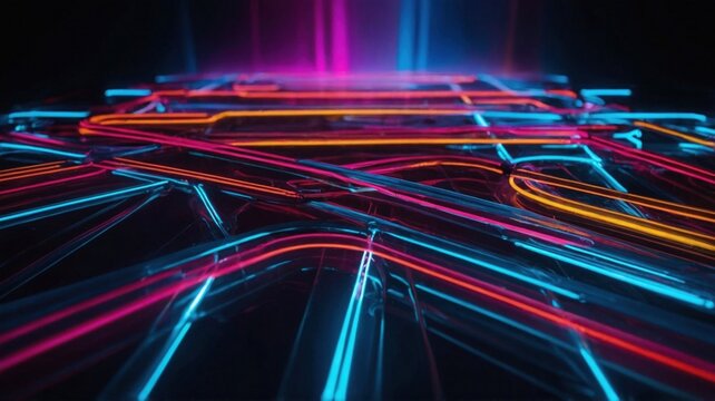 Glowing neon tubes abstract digital art background blue