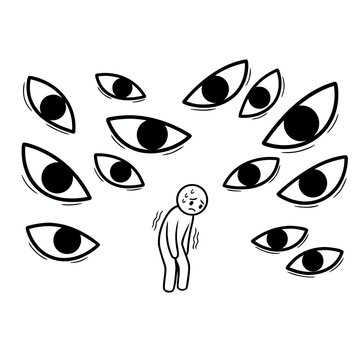 Minimalist line art illustration of a nervous person trembling while being watched by many giant staring eyes