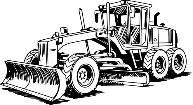 Heavy motor grader with large blade and six wheels used for road construction and leveling