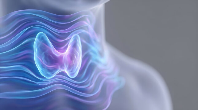 Thyroid hormone imbalance t3 t4 neck gland endocrine anatomy health Thyroid hormone imbalance t3 t4 concept with glowing neck gland and flowing wave pattern medical illustration for endocrine