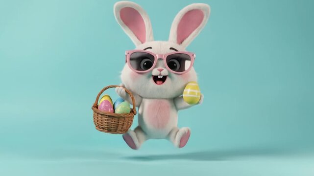 Cheerful, "cool bunny wearing sunglasses" celebrating a joyful spring holiday.  White rabbit wearing pink sunglasses, holding a basket of pastel colored Easter eggs.