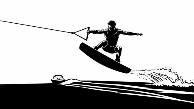 Silhouette of a wakeboarder jumping high behind a boat on a sunny day