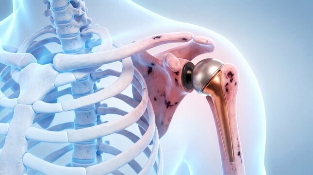 Human skeleton with artificial shoulder joint and metal prosthetic, ribcage and spine visible, 3D illustration of anatomy with replacement