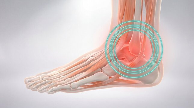 Human ankle joint anatomy with highlighted pain area and skeleton visible, showing bones, muscles and tendons in a transparent skin view for medical education.