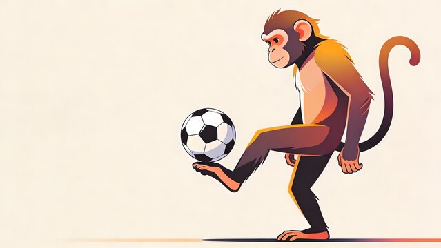 Monkey stands upright and balances a soccer ball on one foot.
