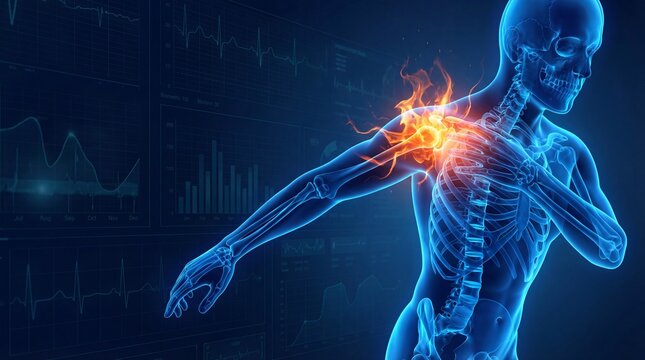 Human skeleton with highlighted shoulder pain and graphs in background showing medical analysis and health issues with glowing blue bones