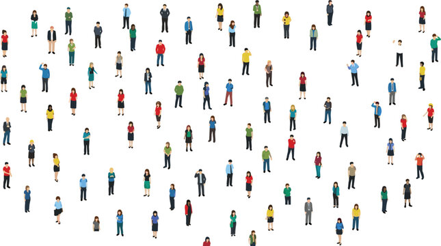 Flat isometric vector illustration of a large crowd of diverse people standing in various poses isolated on white background for community and network concept
