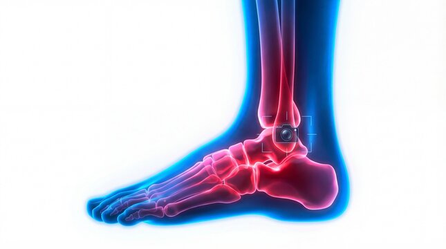 Ankle bone skeleton highlighted in red and blue on a white background with a camera icon near the fibula and tibia bones for medical or educational purposes illustration