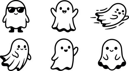 Obraz premium Cute black and white line art ghost characters with different poses and emotions