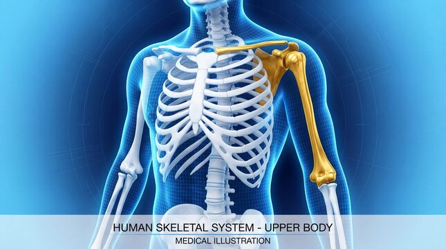 Human skeletal system upper body medical illustration with highlighted arm bones and rib cage on blue background with grid pattern