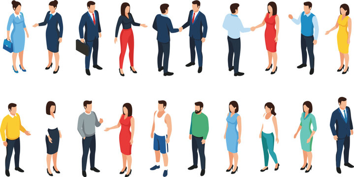 Isometric vector illustration set of diverse business people and casual characters standing talking and shaking hands isolated on white background for corporate teamwork