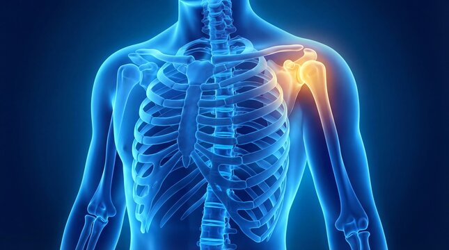 Human skeleton with highlighted shoulder joint and glowing bones