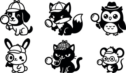 Obraz premium Black and white detective animals with magnifying glasses and hats vector art