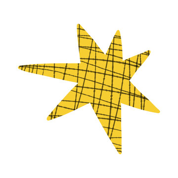 Vector abstract yellow starburst asterisk with hand drawn plaid texture lines on white background. Retro scribble shape element for modern logo, sticker, poster, web icon and trendy graphic design.