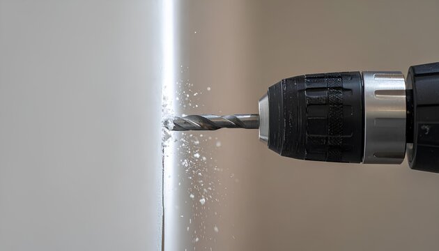 Close-up of a drill bit creating a hole for installing shelf, with flying dust