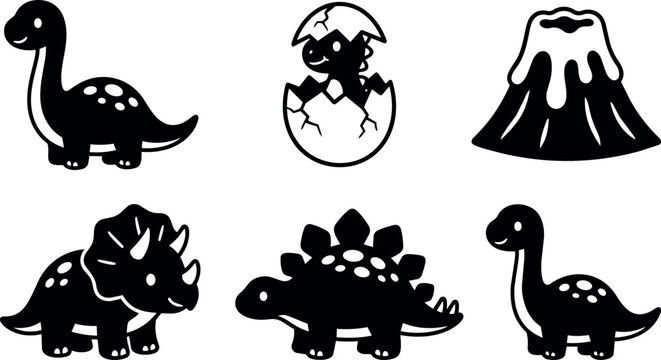 Black and white cartoon dinosaur icons with volcano and egg hatching