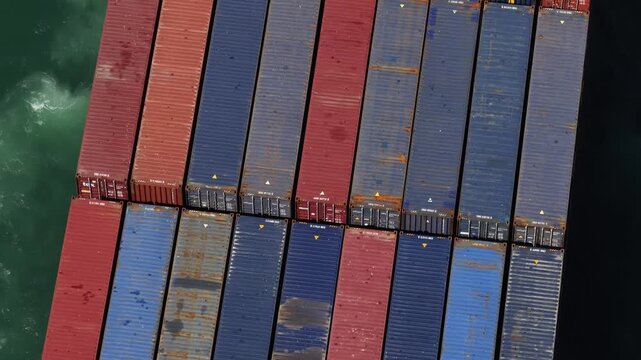 Lisbon, Portugal - 30 March 2026: Aerial view of tightly packed cargo containers, a mix of red and blue, sitting on a cargo ship on the water.