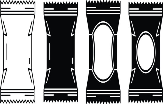 Candy wrapper packaging template set in outline and silhouette style, sweet snack wrap vector illustration isolated for confectionery branding, food package design and label mockup