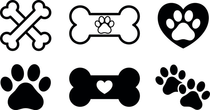 Black and white dog bones and paw prints vector art set