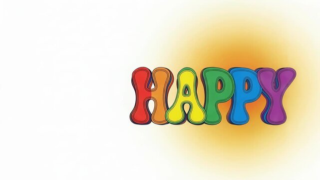 Multicolor happy text isolated on white background. Retro style typography graphic for spring greeting card. Cheerful lettering concept for positive mood design.