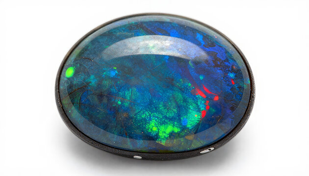 A beautiful, polished black opal gemstone displaying vibrant blue and green flashes with red accents