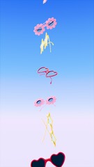 Obraz premium Vertical abstract 3D render summer sunglasses frame border promo, copyspace template banner mockup background wallpaper, eyewear shades star flower heart, blue pink yellow pool party beach vacation