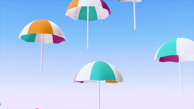 Horizontal abstract 3D render summer pool party umbrella parasol falling loop animation banner template mockup background copyspace, tropical aqua pink orange white pastel poolside vacation vibe