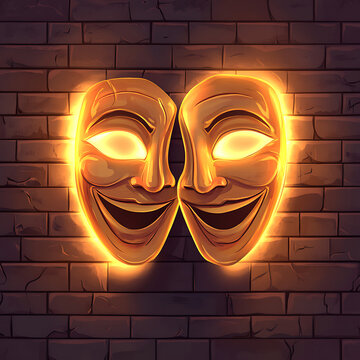 Comedy Show Masks on Brick Wall