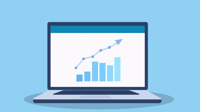 Flat animation of a laptop displaying simple analytics chart with upward trend, illustrating data growth, performance tracking, and business insights in digital environment.