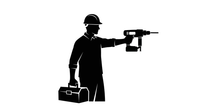 May Day Construction worker, laborer, silhouette icon, drilling tool, toolbox Vector
