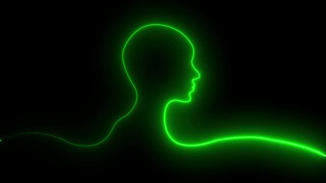 Glowing neon line Human head black background. Neon glowing question.Glowing neon line Head silhouette icon isolated on black background. human head line icon animation.