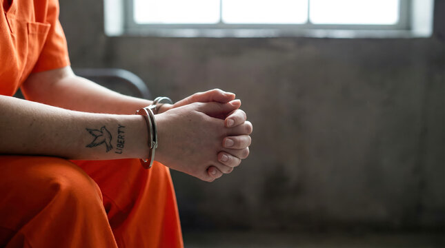 A person wearing an orange jumpsuit sits with hands clasped in a small room. The light comes through a barred window. The atmosphere feels heavy and serious