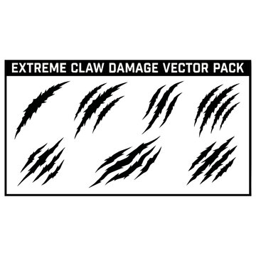 Collection of sharp, aggressive claw marks vector illustration pack displaying various damage scratch designs suitable for graphic design projects.