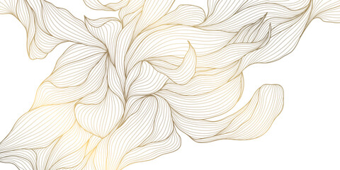 Luxury abstract gold floral line pattern on white background, elegant leaves, flowers, flowing abstract waves. Modern vector illustration, Japanese ornament, Art Deco and Art Nouveau. © marylia17