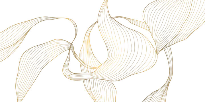 Luxury abstract gold floral line pattern on white background, elegant leaves, flowers, flowing abstract waves. Modern vector illustration, Japanese ornament, Art Deco and Art Nouveau.