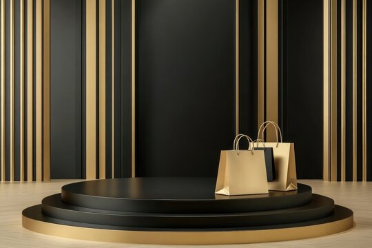 Podium black and gold scene bags background shopping.