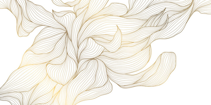 Luxury abstract gold floral line pattern on white background, elegant leaves, flowers, flowing abstract waves. Modern vector illustration, Japanese ornament, Art Deco and Art Nouveau.